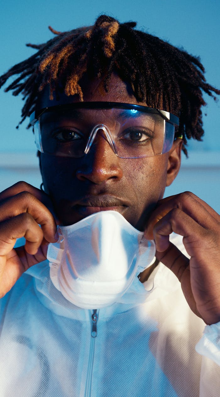 creative African American scientist confidently adjusting mask in laboratory with protective goggles.