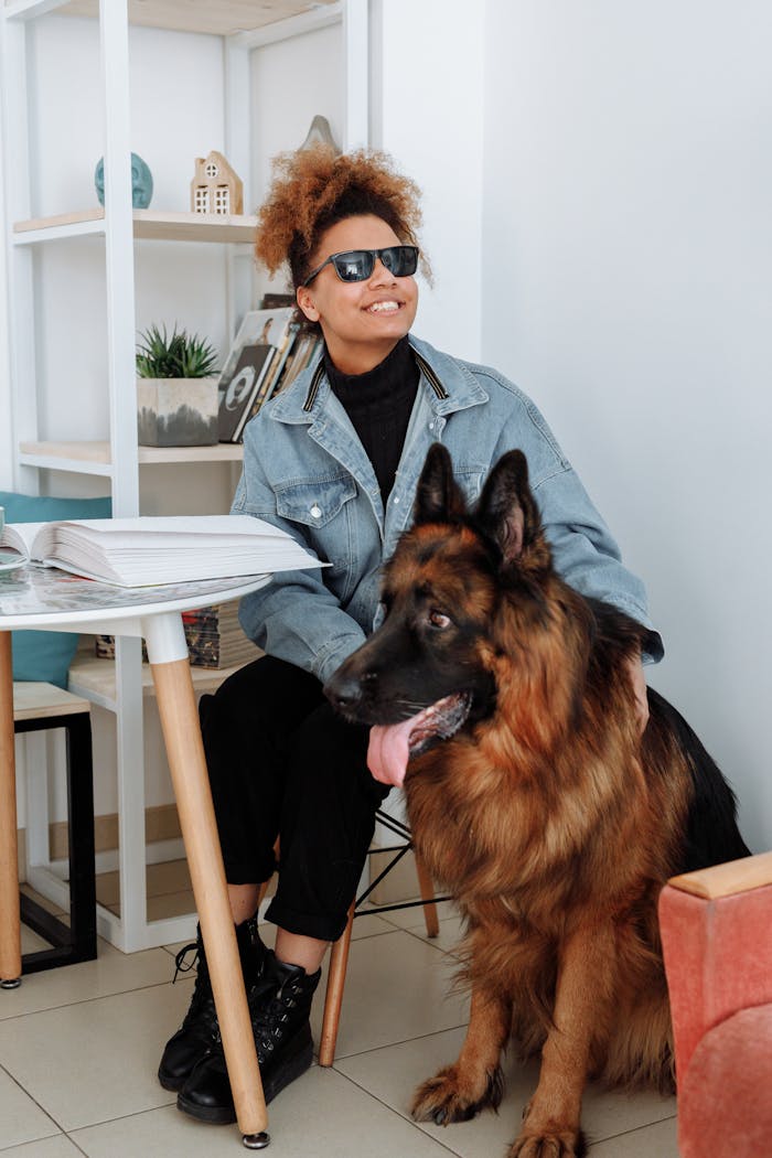 African American woman with a German Shepherd guide dog sitting at a table reading a Braille book indoors.