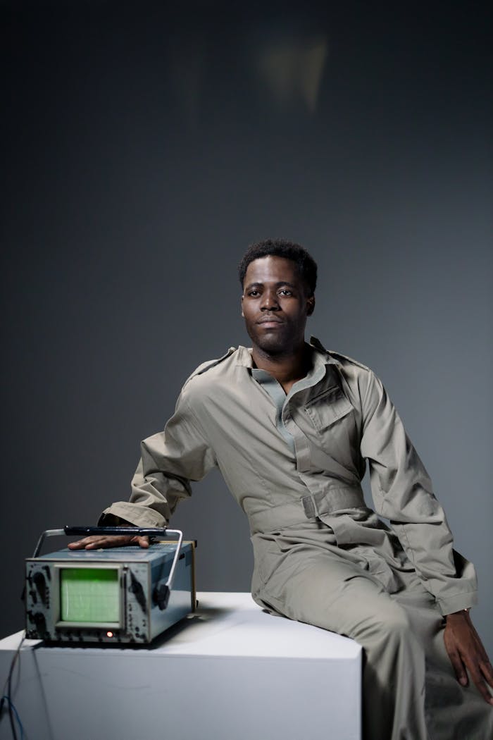 Man in jumpsuit sitting with oscilloscope in indoor studio setting.