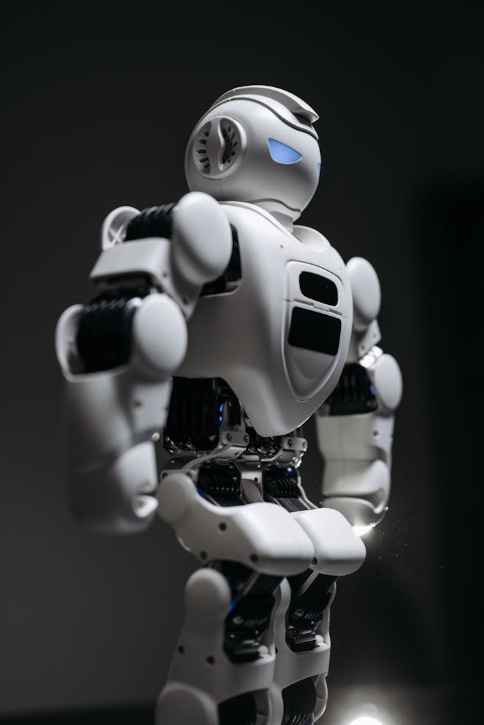 Services-01 A detailed studio shot of a humanoid robot against a gray background, showcasing modern technology.